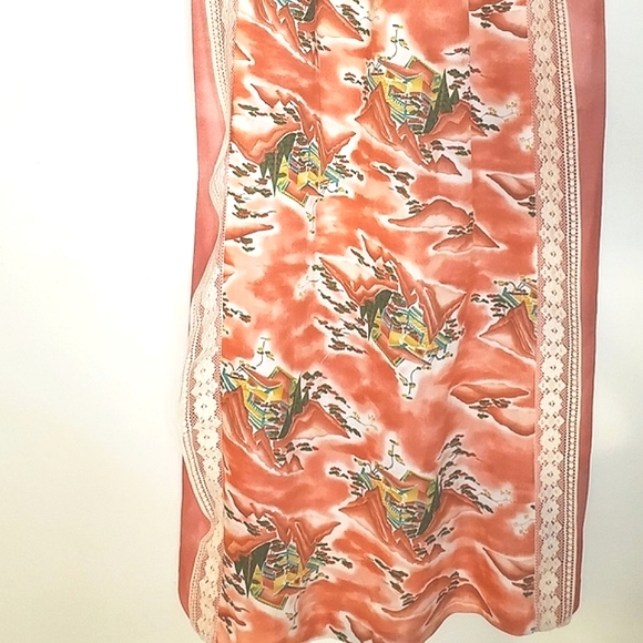 Salmon Vintage Long Dress with Hawaii Print, Lace Trim and Tie Waist - Picture 11 of 15